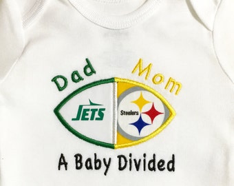 Personalized House Divided Baby Football Bodysuit, Shirt, Burp Cloth, Bib - You Choose ANY TEAMS - College and NFL Steelers Jets