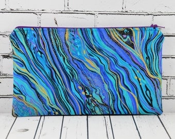 Marble Effect Print Pencil Case, Peacock Small Makeup Bag