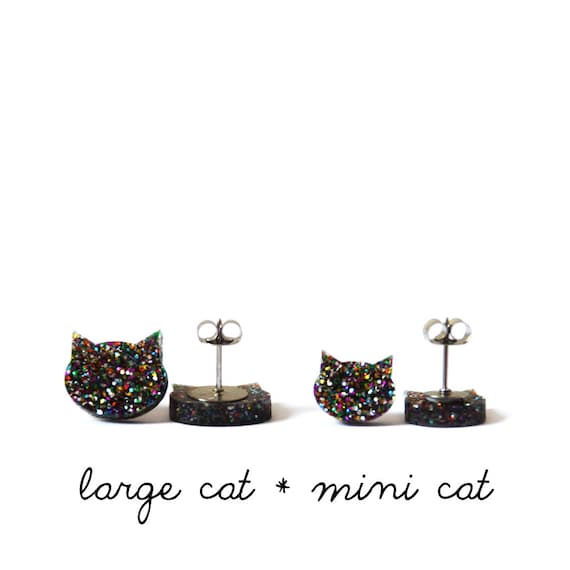 Cat Earrings Rainbow Glitter Cat Earrings Glitter Cat
