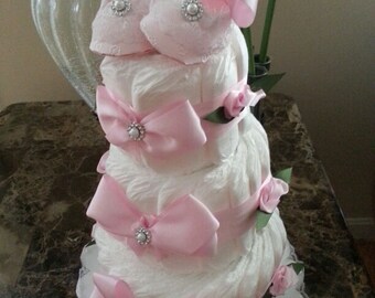 Three Tier Pink and White Diaper Cake / Elegant Diaper Cake / Pink Diaper Cake / Gift For Baby Girl