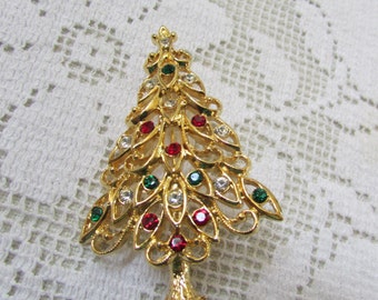 vintage 60's Christmas tree pin brooch with red, crystal and green rhinestones signed?