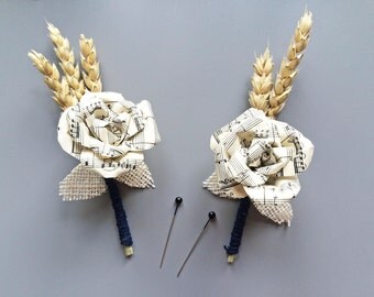 Sheet Music and Wheat Buttonhole / Boutonniere Music Lovers / Mens Buttonholes / Paper Flower / Handmade Wedding Buttonhole / Musical Rose