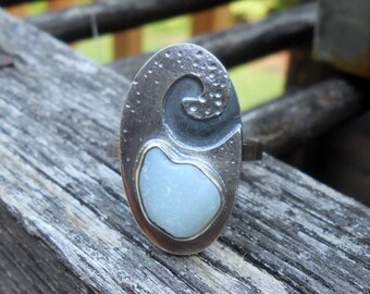 Sea Glass Ring, Pale Blue Sea Glass, Sterling Silver Ring, Wave Ring, Sea glass Jewelry, Surfer Jewelry, Size 6.5 Ring, Beachy Ring