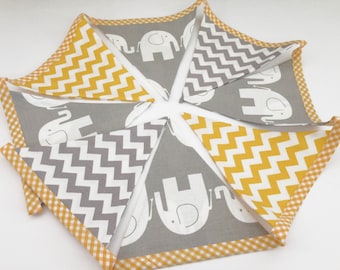 Handmade fabric bunting, elephant, chevron, grey and yellow colours, unisex gender neutral baby nursery banner flag modern bunting