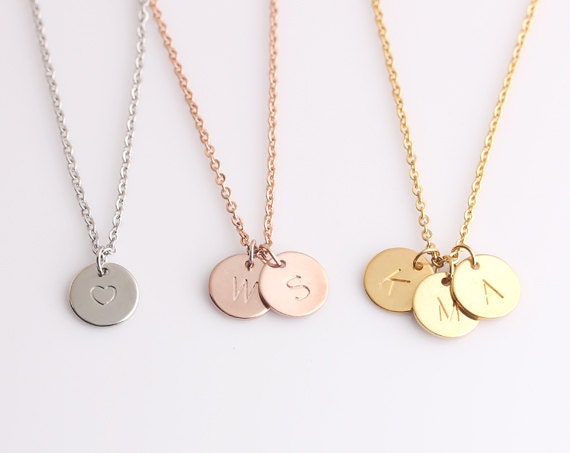 Gold Round Discs Necklace Delicate Monogram Pendant