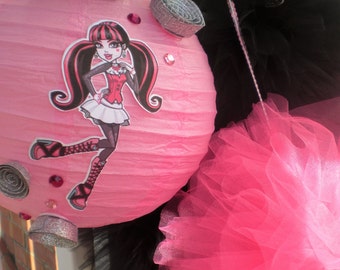 Monster High lanterns and tulle pom poms hanging decorations for birthday party, Draculara, Clawdeen Wolf, Frankie, or Cleo de Nile