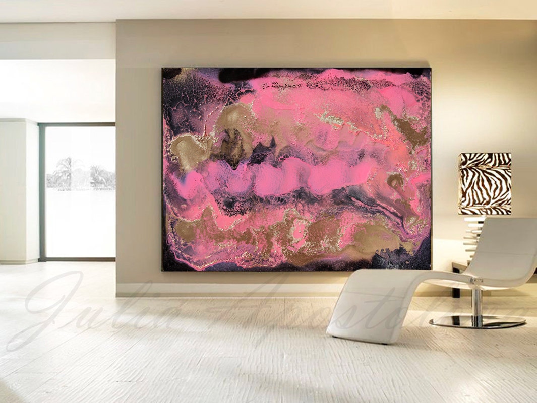 Large Pink Painting Abstract Print Gold Black and Pink