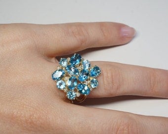Blue Topaz ring-Blue topaz diamond ring- 14k Yellow Gold-Anniversary ring-Natural blue topaz-Birthday present-Blue topaz engagement ring