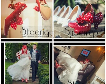 Bridal Wedding Bride GroomPolka Dot Red White Tattoo Fifties Rockabilly Shoe High Heels Size 3 4 5 6 7 8 Platform UK Painted Custom Bespoke