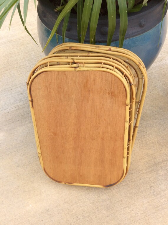 SALE....Vintage Set of 6 Large Bamboo Trays Serving Trays