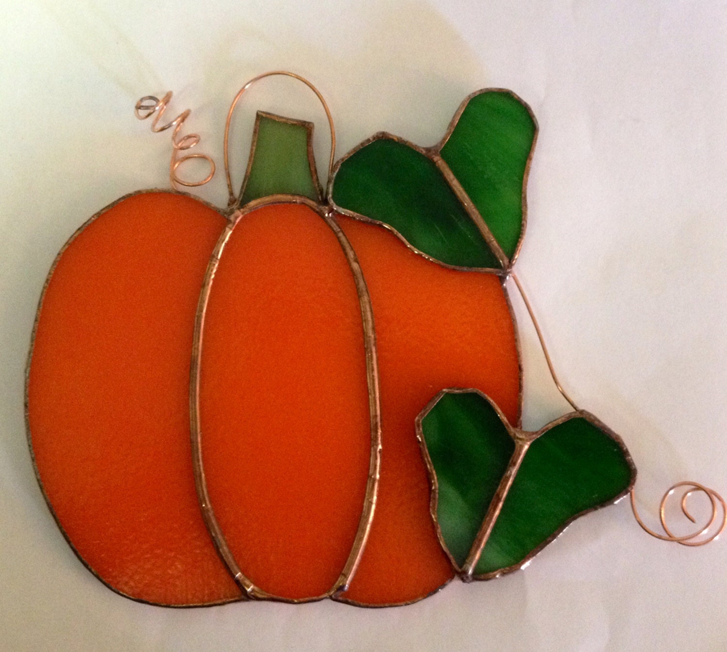 Stained Glass Pumpkin With Leaves Overlay and Copper Wire