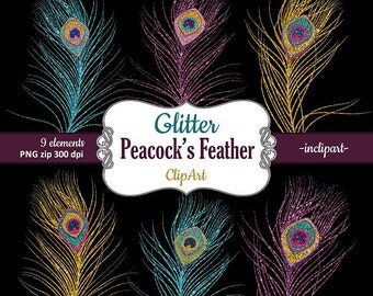 Peacock's Feathers Clipart. Glitter Feathers clip art gold, blue/turquoise, purple. Instant digital download. PNG format. Commercial use.