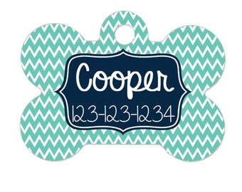 Personalized Dog Name Tag - Dog ID Tag - Mint Navy Custom Dog Collar Tag - Dog Tag Chevron Pattern