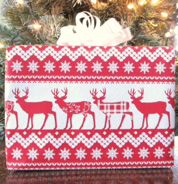 Nordic Deer Christmas Wrapping Paper, Red Background with White