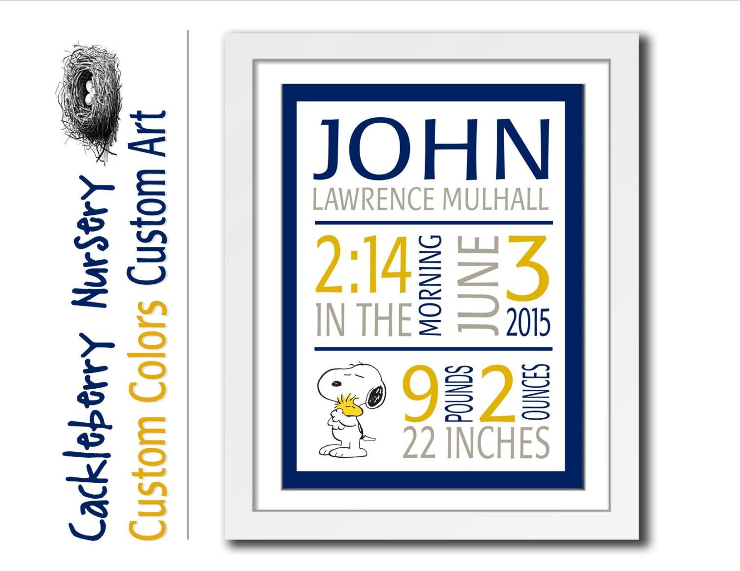 Snoopy Peanuts Birth Announcement Wall Art Navy Nursery