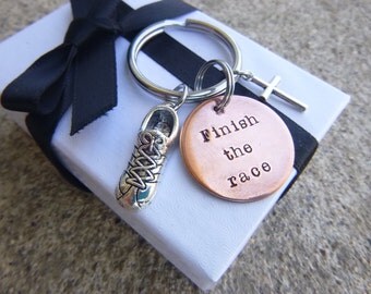 Runner Keychain, Marathon Key Chain, Finish The Race Hand Stamped Keychain, Hebrews 12, 2Tim 4:7, I Love to Run, 26.2, 13.1, marathon gift