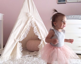 Girls Teepee Lace Natural - kids teepee, child teepee, girl nursery decor, teepee tent, kids photo prop, shaby chic nursery, lace tent, girl