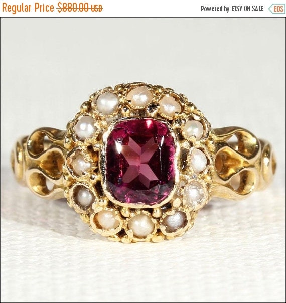 SALE Antique Victorian Garnet And Pearl Ring By VictoriaSterling