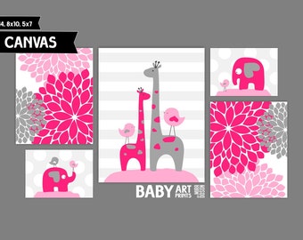 Pink, Grey Nursery canvas art prints Set of 5 Elephant, Giraffe, Birds ( MIX10120 )