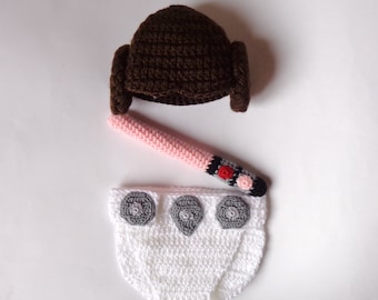Princess Leia Baby Costume Hat And Diaper Cover With Light Saber Set From Star Wars For Girl Newborn Halloween / Cosplay