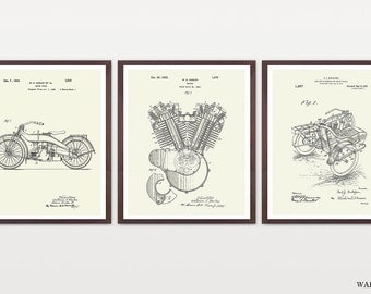 Harley Davidson Poster - Set 3 Prints - Harley Poster - Harley Davidson Motorcycle - Harley Engine - Harley Side Car - Motorcycle Art