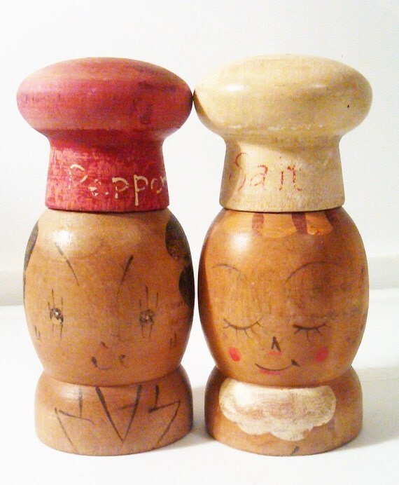 Vintage Wood Salty and Peppy / Salt and Pepper Shakers / Made