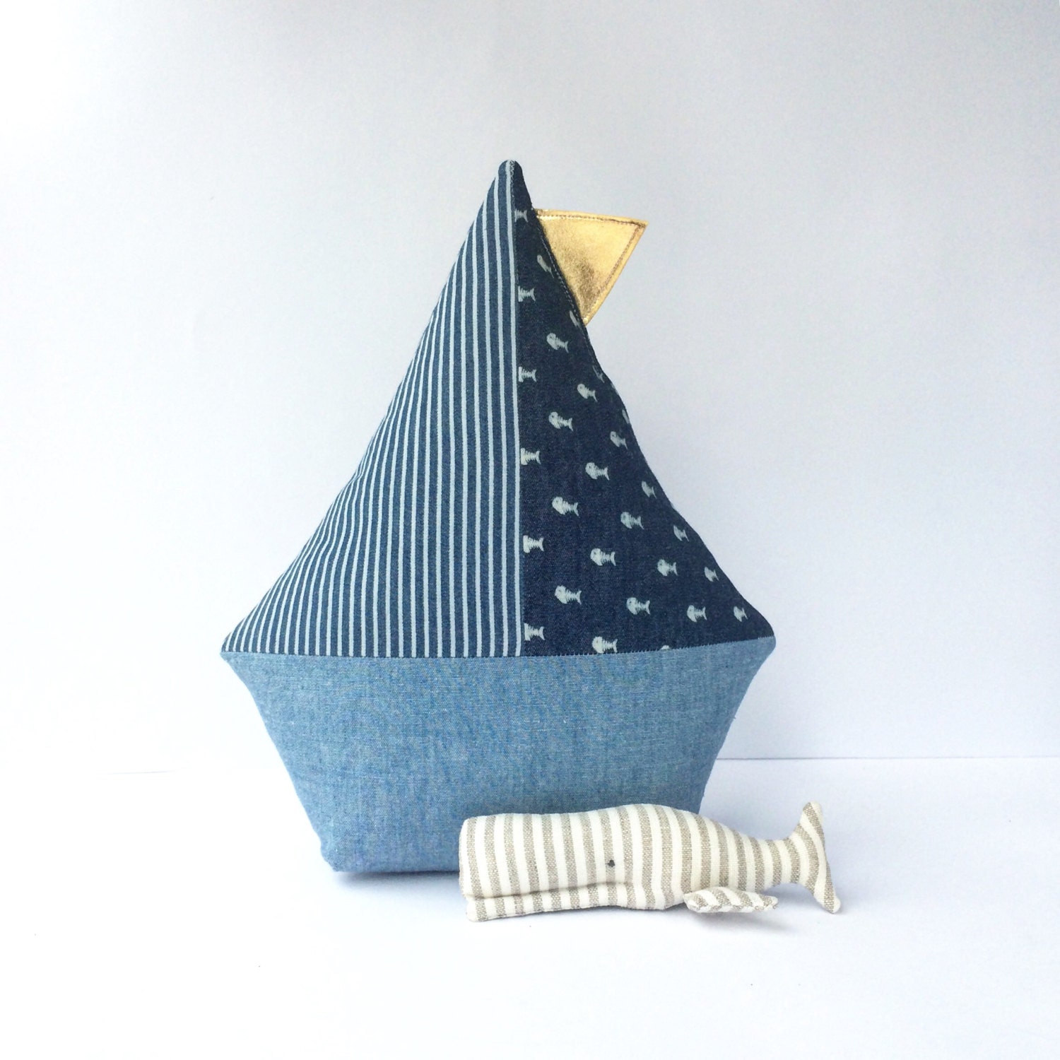 Denim Sailboat toy boat pillow baby shower plush boat toy.
