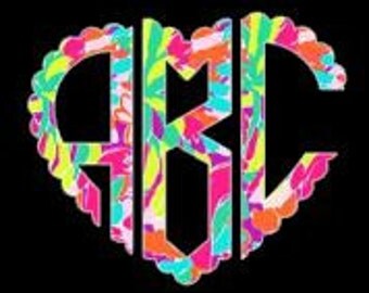 Lilly Pulitzer Monogrammed Decal Flamingo Heart Decal Window decal Cell Phone Laptop Decal Sticker Lilly Monogram Scalloped Heart