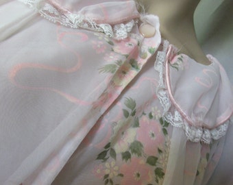 Mid Century Robe Pink Flower Robe Nylon Pink Negligee Vintage Barsarobe 1960 Style Lingerie Flocked Nylon Feminine Robe Vintage Fashions