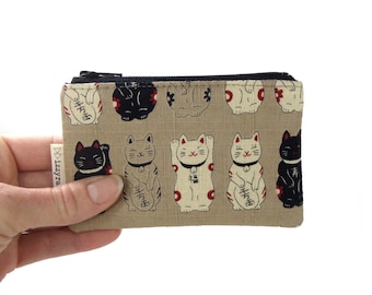 Coin Purse - Lucky Cat / Money Cat - Maneki Neko - Zipper Coin Pouch - Cute Coin Purse - Change Wallet - Zipper Bag - Beige - Card Wallet
