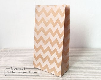 12 Kraft Paper Gift Bags with white chevron_Wedding Party Favor treat candy bags _Stand up paper bags