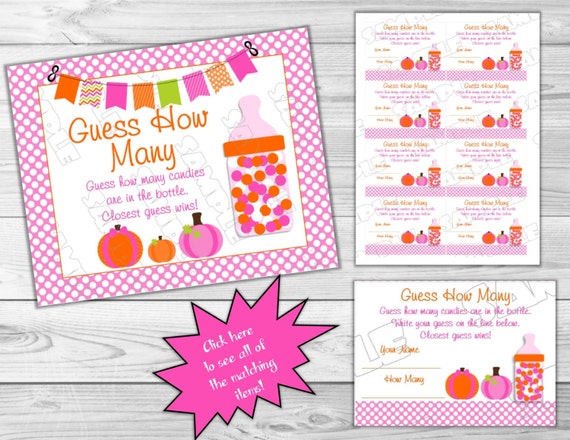 Pink Pumpkin Baby Shower Games Guess How Many Candies Game Printable INSTANT DOWNLOAD UPrint By Greenmelonstudios Fall