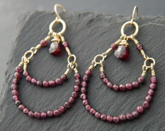 Bohemian Jewelry, Garnet Earrings, Gold Chandelier Earrings, Gold Filled, Wire Wrapped, Tiered Earrings, Garnet Gemstone Earrings, Boho