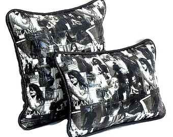 Leather throw pillow – Movie collage quilt piping cushion cover – Retro sham – 18x18 12x20 pillow cover – Black white sofa toss accent chair
