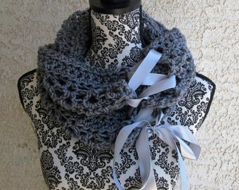 Crochet Women's Elegant Lacy Ribbon Cowl- Gift for her- Gift set- Cowl and Fingerless Gloves