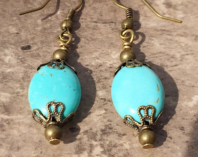 SOLD Turquoise brass long drop dangle earrings, Howlite turquoise brass earrings, Turquoise earrings, boho turquoise earrings