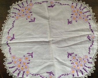 Antique embroidered table napkin Retro Floral table napkin with lace trim Shabby white purple floral table napkin Cottage chic table napkin