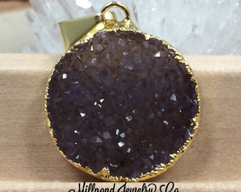 Round Druzy Pendant, Round Cluster Pendant, Agate Druzy Pendant, 18K Gold, Natural, Dark, PG0937