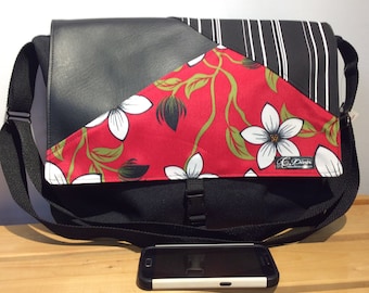 Big waterproof black messenger bag, ref flowers pattern,crossbody bag, computer bag, cabas bag, school bag, waterproof bag