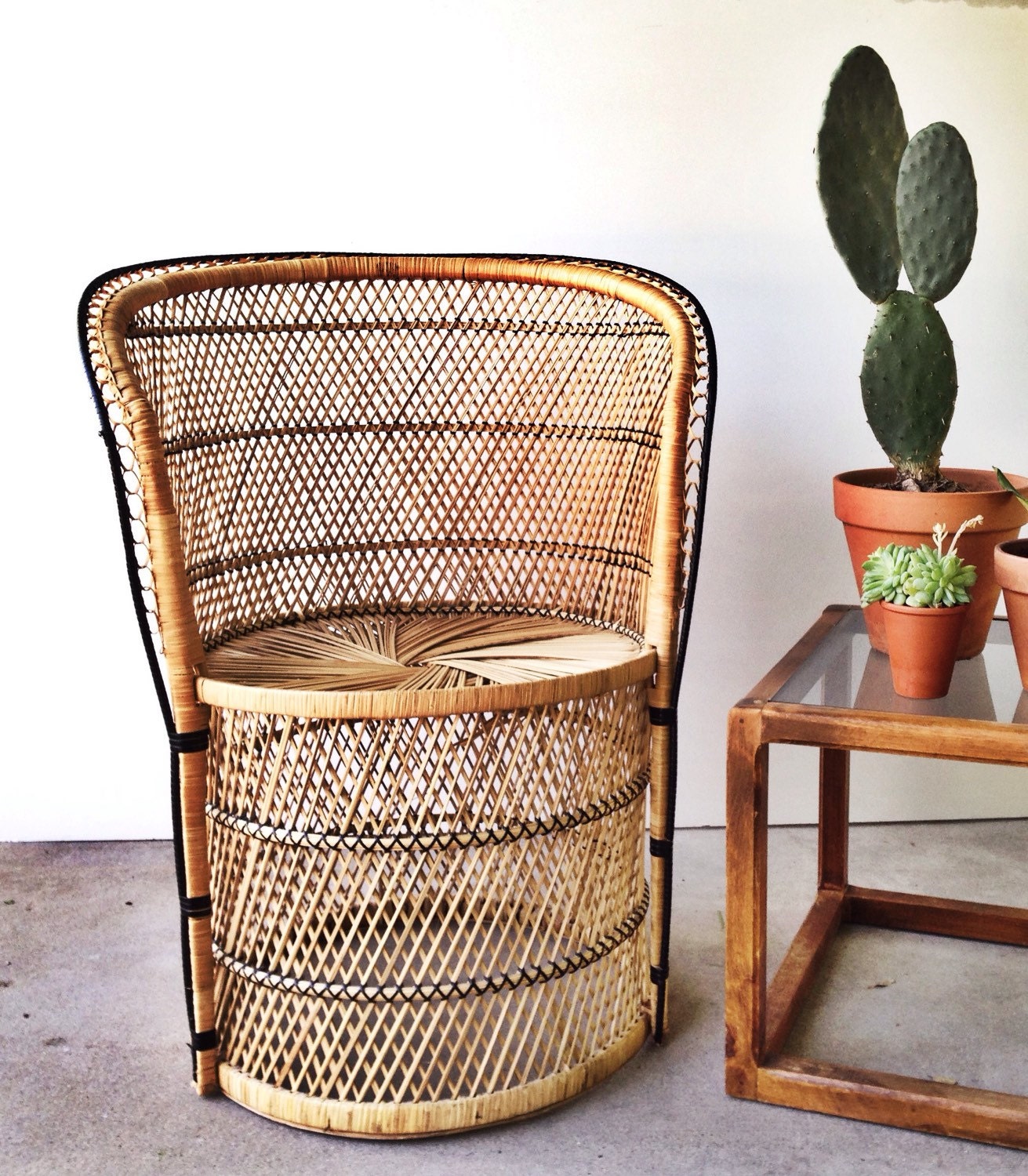 Vintage Wicker Chair Boho Seating Peacock Pedestal