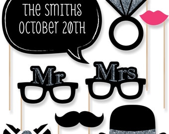 20 pc. Mr. & Mrs. - Silver - Wedding Photo Booth Props - Printed and Cut Kit with Mustache, Hat, Bow Tie, Glasses and Custom Talk Bubble