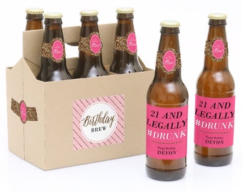 21st Birthday Beer Labels - 6 Beer Bottle Labels & 1 Carrier - Chic Funny 21st Birthday Gift for Her - Personalized Birthday Beer Kit