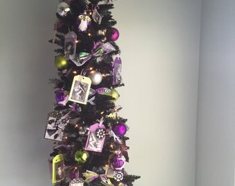 Halloween Tree Inspired by Wicked the Musical Vintage Witch Images Black Purple Green Decor Black Tinsel Tree Pin Up Witch Wicked Witch