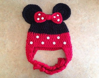 RED Minnie Mouse Crochet Hat with Ear Flaps Made to Order newborn, toddler, child, adult halloween costume