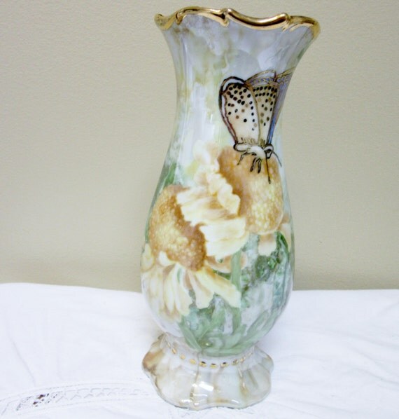 Flowered Vase with Butterfly Yellow Green by PorcelainChinaArt