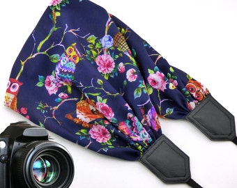 Owls scarf camera strap. Black DSLR / SLR Camera Strap. Colorful camera strap with flowers and birds. Finds by InTePro