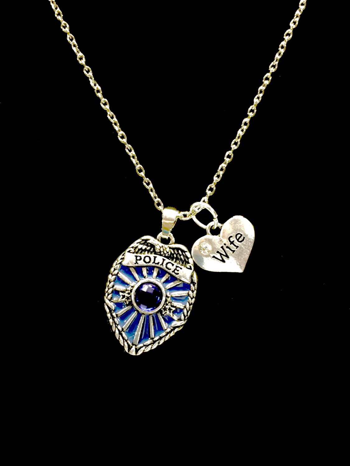Police Wife Necklace Blue Police Officer Badge Shield Gift