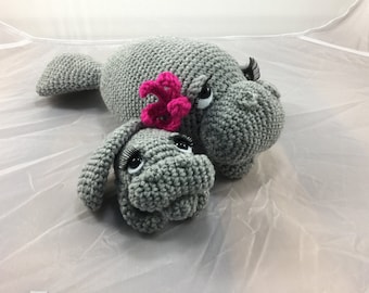Mama and Baby Manatee crochet tutorial - teddy bear of the sea - dugong - amigurumi pattern - sea creature - seacow - instant download pdf