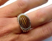 Petite Bague Vintage Oeil De Tigre En Argent Massif 925, Taille 51, Super état