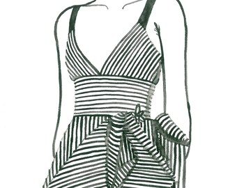 Black & White Striped Dress Watercolor Fashion Illustration